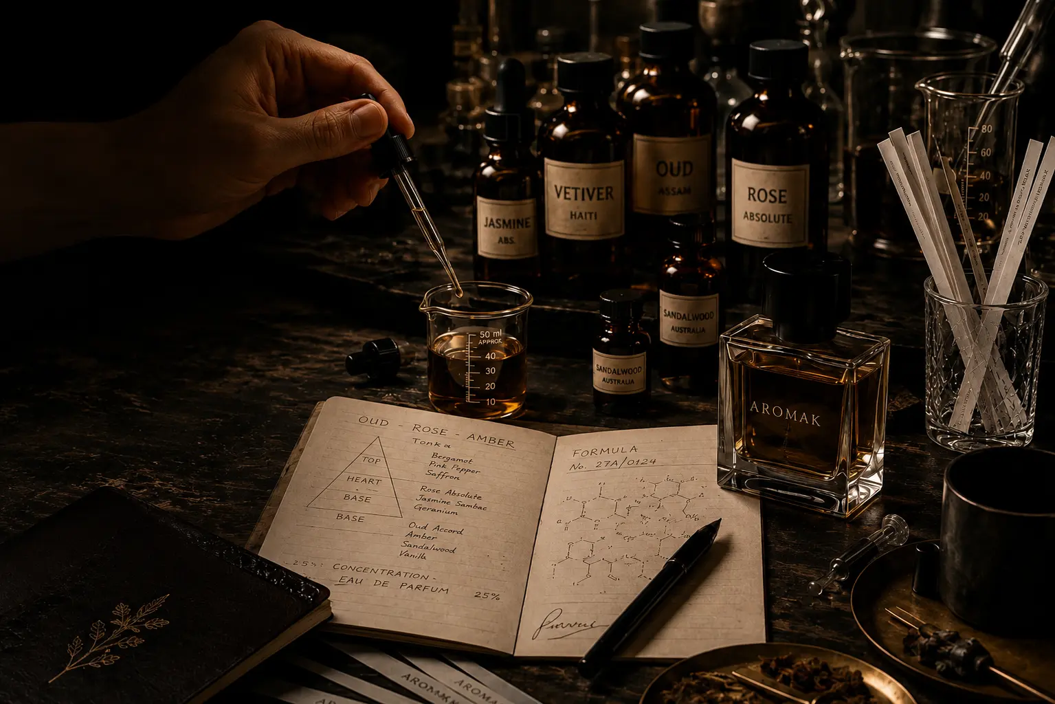 Perfumer's desk with bottles and notebooks
